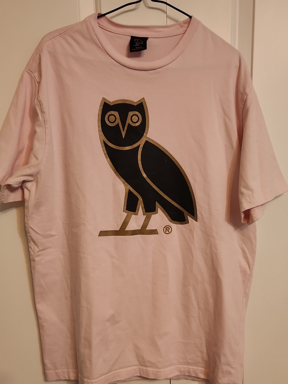 OVO Men’s Pink Tee with Black & Gold Owl Graphic